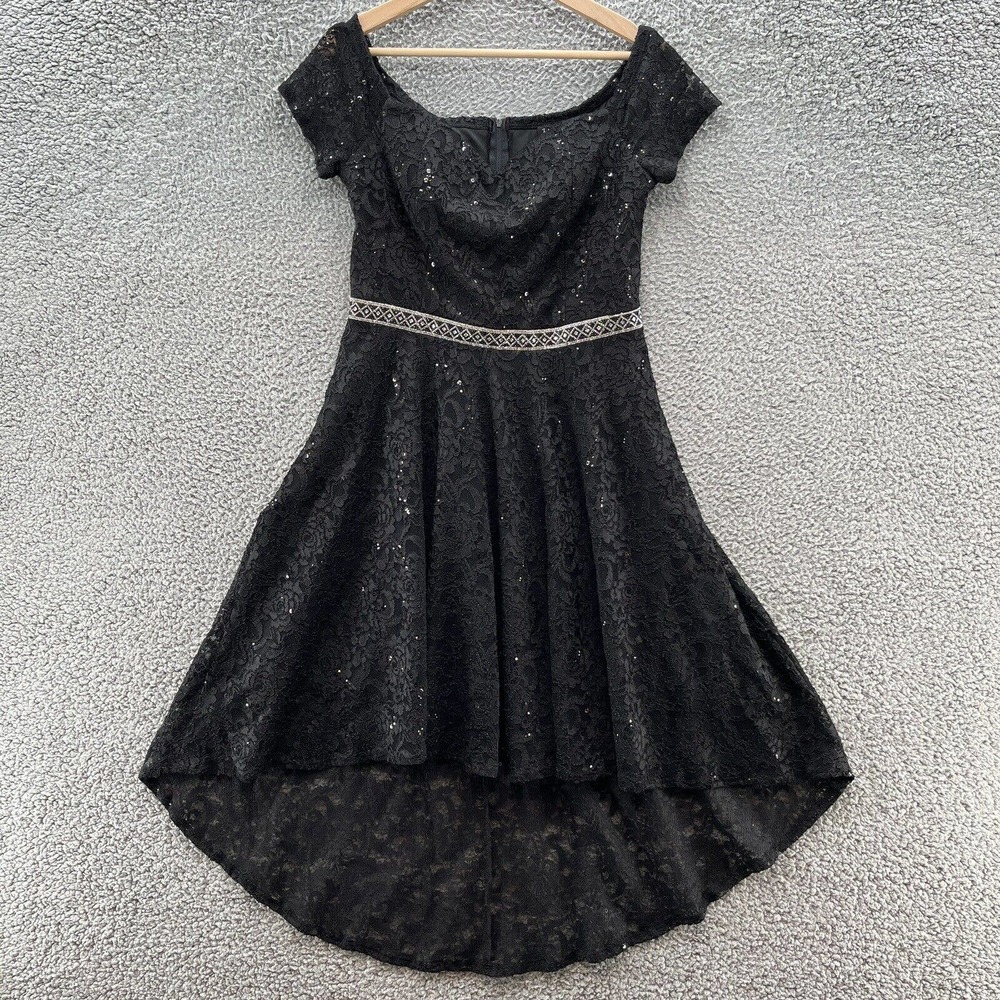 La Scala Dress‎ Black Lace Sequin Cap Sleeve High Low Fit Flare Party